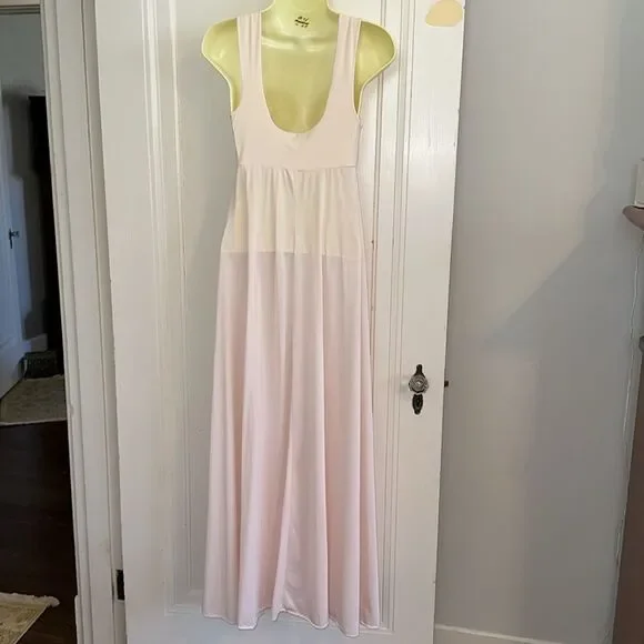 Vintage 60s Olga light pink deep lace V neck sleeveless nylon long nightgown